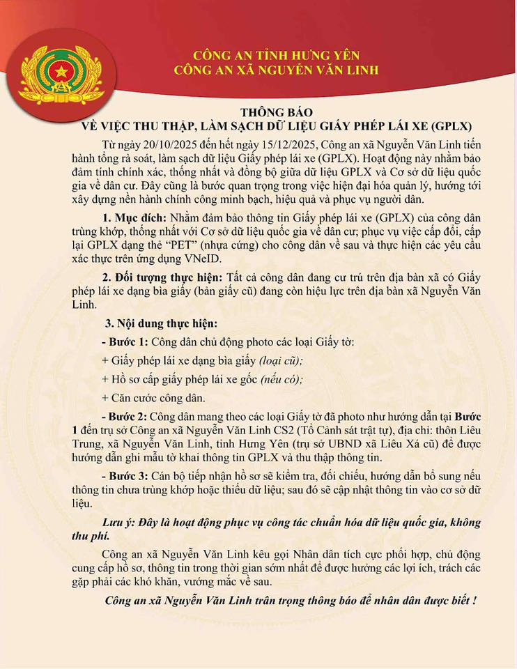Công an xã Nguyễn Văn Linh trân trọng thông báo tới toàn thể nhân dân trong xã về việc thu thập, làm sạch dữ liệu giấy phép lái xe