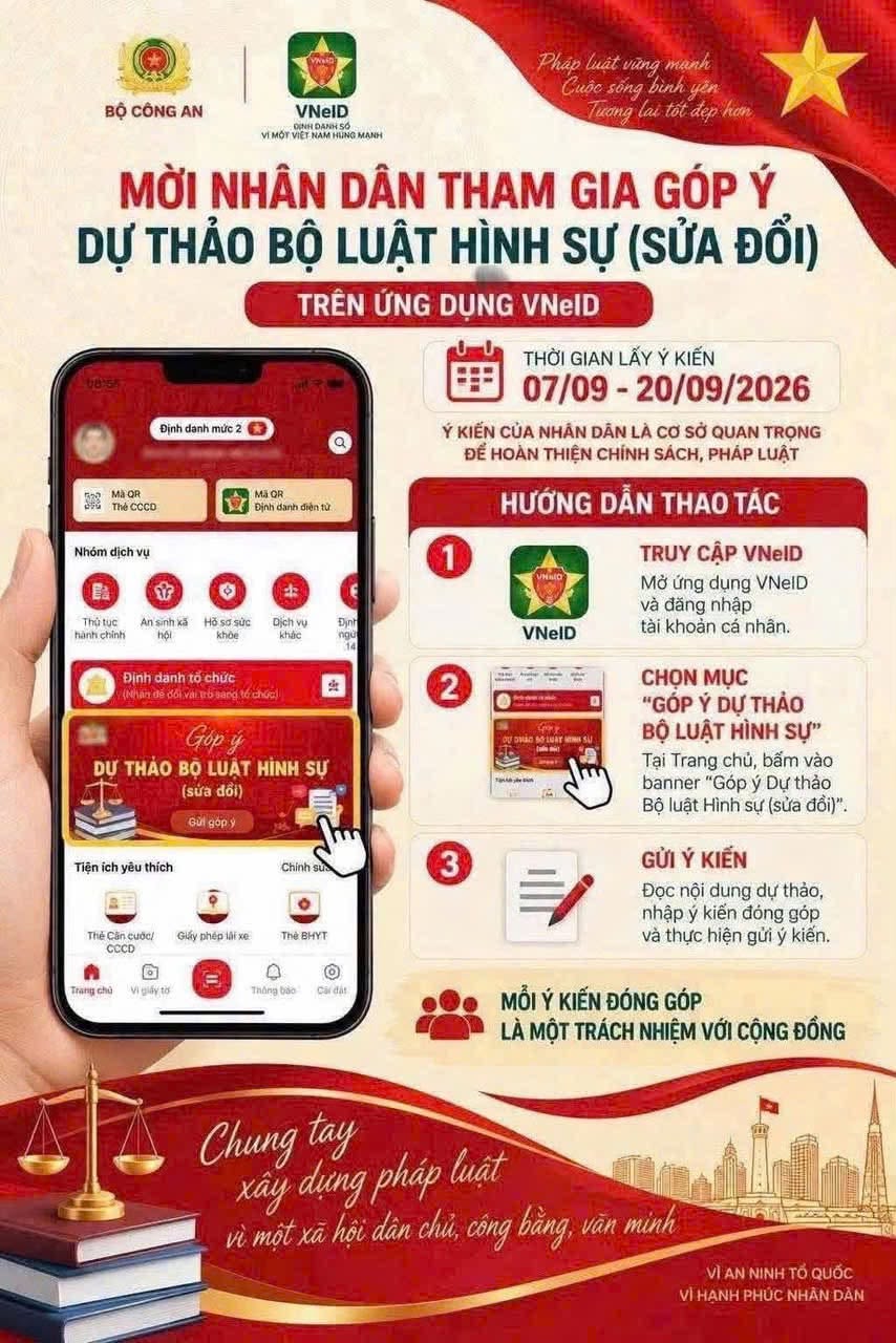 CÔNG AN XÃ NGUYỄN VĂN LINH THÔNG BÁO: MỜI NHÂN DÂN THAM GIA GÓP Ý DỰ THẢO BỘ LUẬT HÌNH SỰ (SỬA ĐỔI) TRÊN ỨNG DỤNG VNeID
